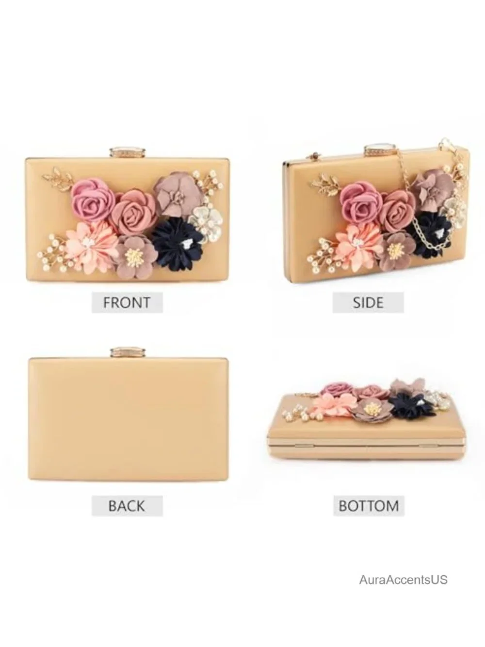 Floral Clutch Purse for Women Evening Bag Beaded Embellished Detachable Chain